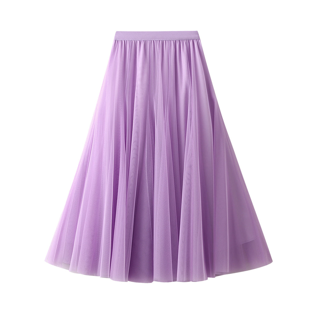 Lavender tulle pleated skirt with high elastic waistband, mid-length flare