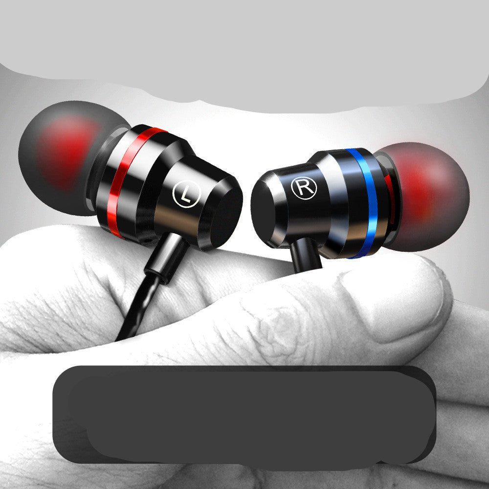 In-ear metal wired headphones, black earbuds with red and blue rings, plus inline controller