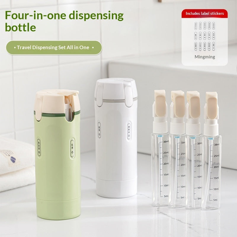 4-in-1 dispensing bottle set with four refill bottles and clear measuring tubes