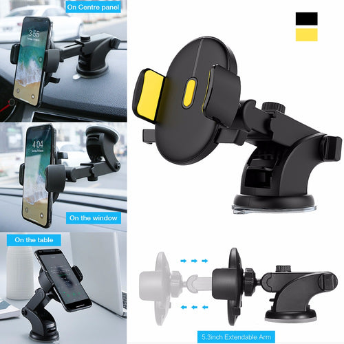 Black telescopic car phone holder with suction cup base and clamp arms