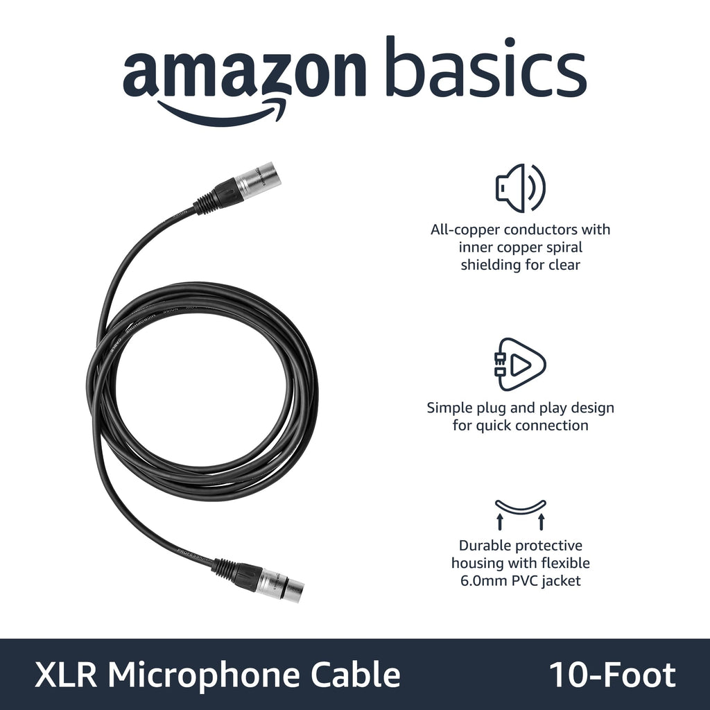 Amazon Basics XLR公对母麦克风电缆，适用于扬声器或公共广播系统、录音棚，全铜导体，低噪声屏蔽，6毫米PVC护套，6英尺，黑色