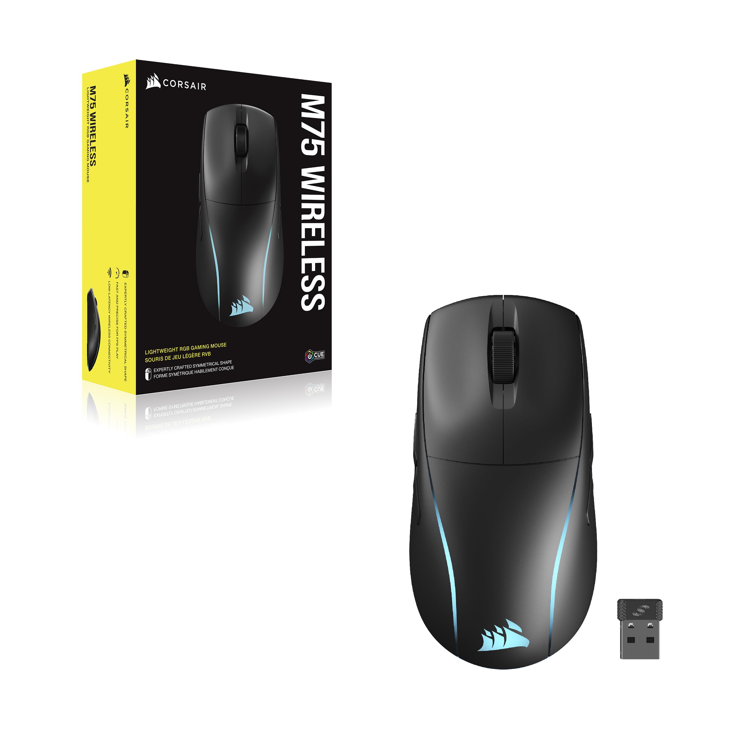 Corsair M75 Wireless Gaming Mouse - 26,000 DPI, Lightweight FPS Design, Swappable Side Buttons, iCUE Compatible, Black
