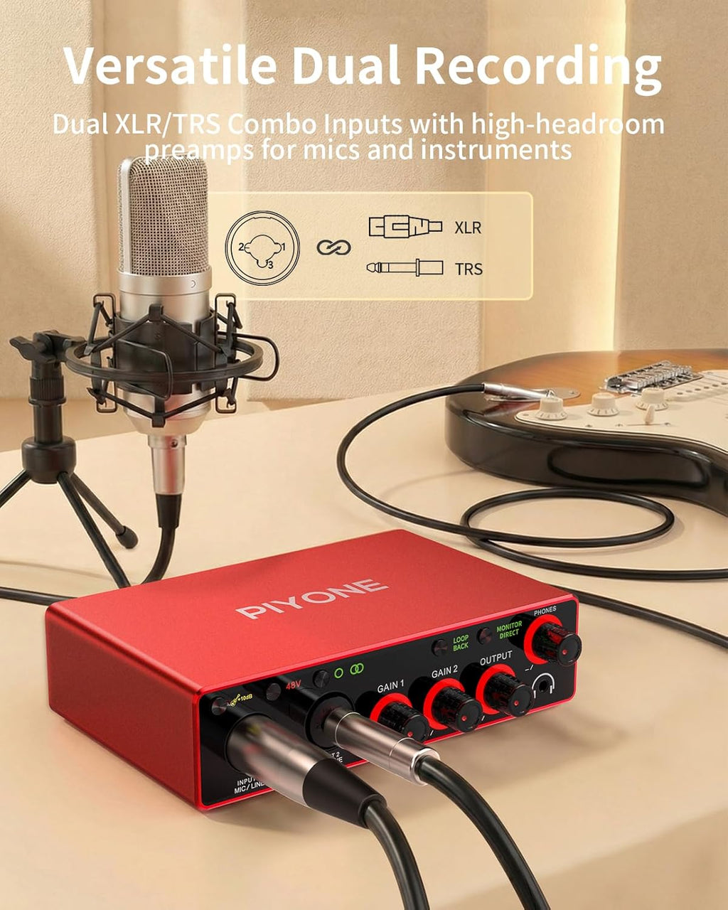 Audio Interface, 2X2 24-bit/192kHz Interface for High-Fidelity, Studio Quality PC/Mac/iOS Recording, XLR/TRS Combo Input, Monitor Mix/Loopback Function, One-Cable Setup(Alloy Red)