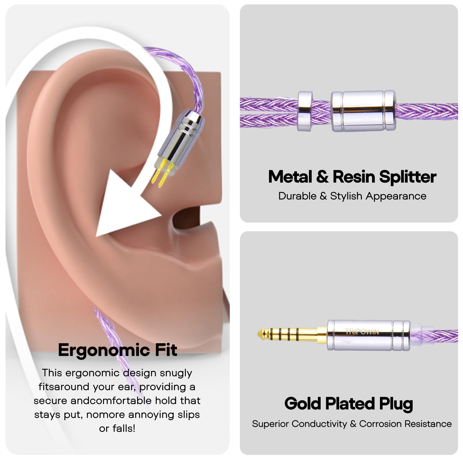 Linsoul Tripowin Zonie IEM Cable, 16 Core Silver Plated Earphone Upgraded Cords, 1.25m SPC in Ear Monitor Cable for 7hz Zero:2 Orchestra Lite Cadenza Hype4 Supermix4(2pin 0.78mm, 4.4mm)(Grey)