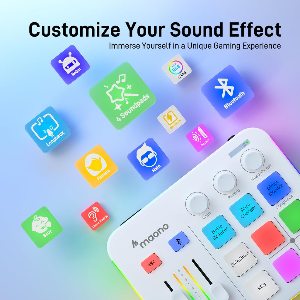 MAONO Gaming Audio Mixer, Audio Interface with Pro-preamp, RGB, Bluetooth, 48V Phantom Power for Live Streaming, Podcasting, Content Create, Gaming MaonoCaster G1 NEO (Not for USB Mic)