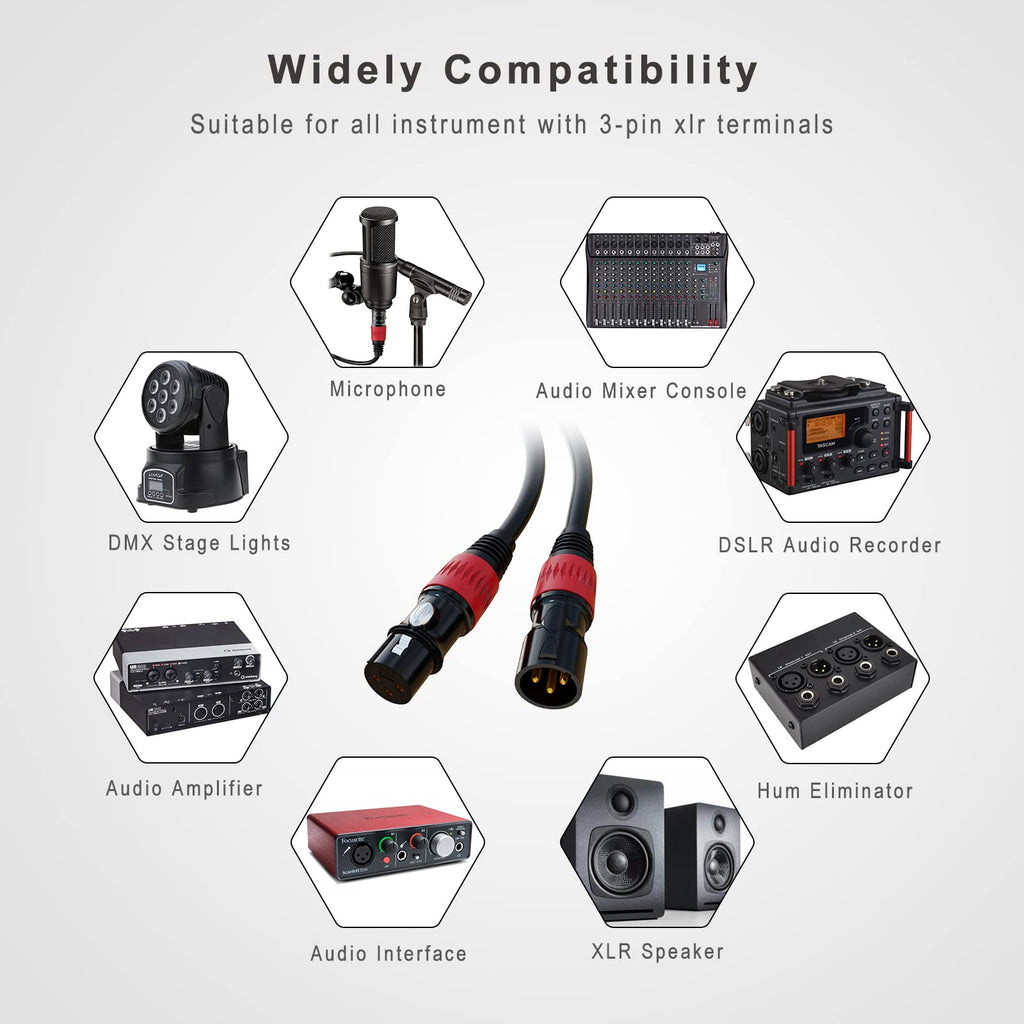 XLR 连接线，XLR 麦克风线 25 英尺 6 条装，镀金 3 针 XLR 音箱线公对母平衡麦克风线
