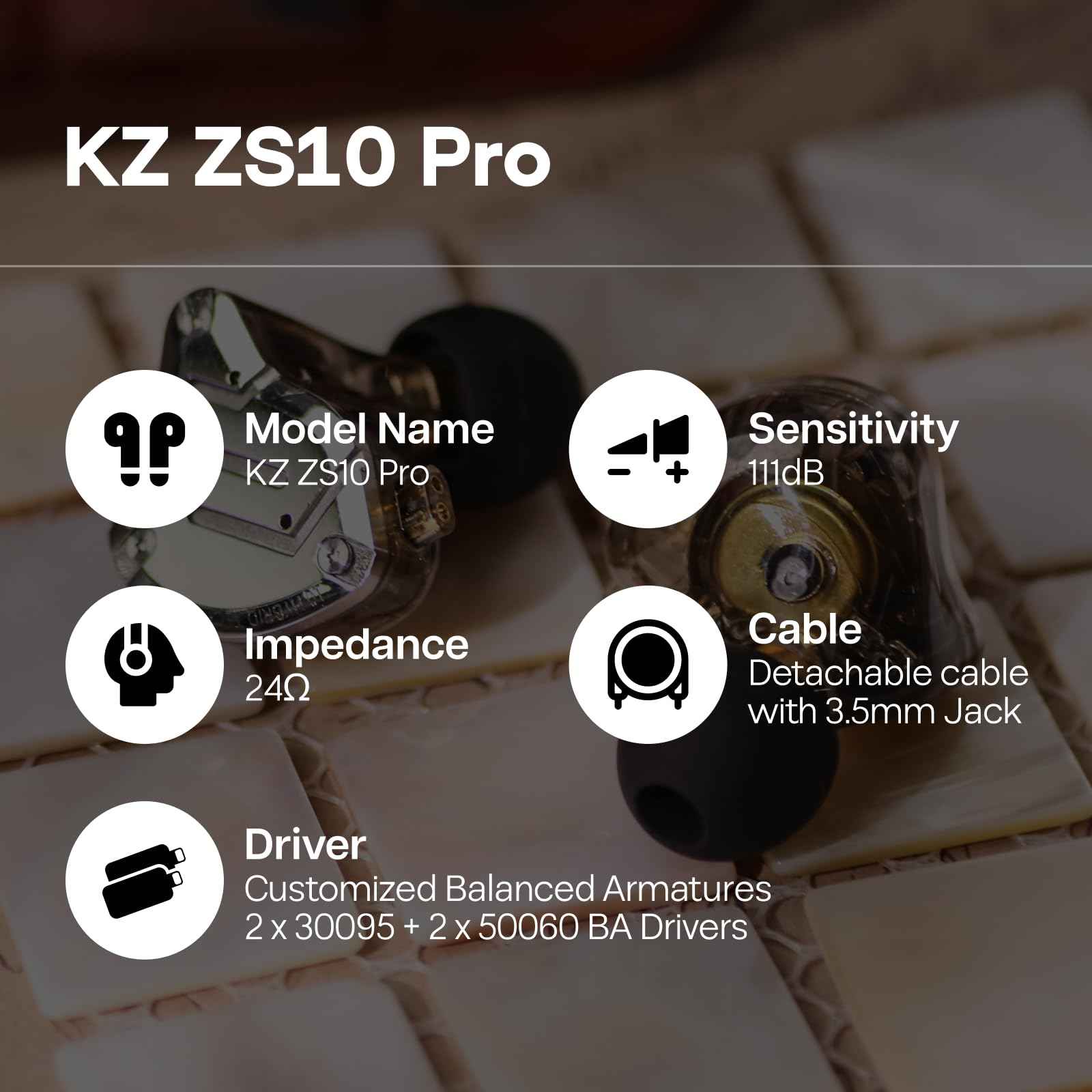 Linsoul KZ ZS10 Pro, 4BA+1DD 5 Driver in Ear Monitor, HiFi Wired Earbuds, Gaming Earbuds, Hybrid IEM Earphones with Stainless Steel Faceplate, Detachable Cable for Musician(Without Mic, Dark Black)