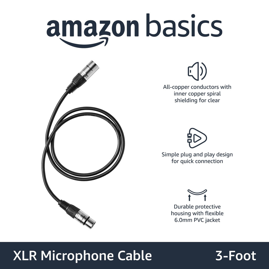 Amazon Basics XLR公对母麦克风电缆，适用于扬声器或公共广播系统、录音棚，全铜导体，低噪声屏蔽，6毫米PVC护套，6英尺，黑色