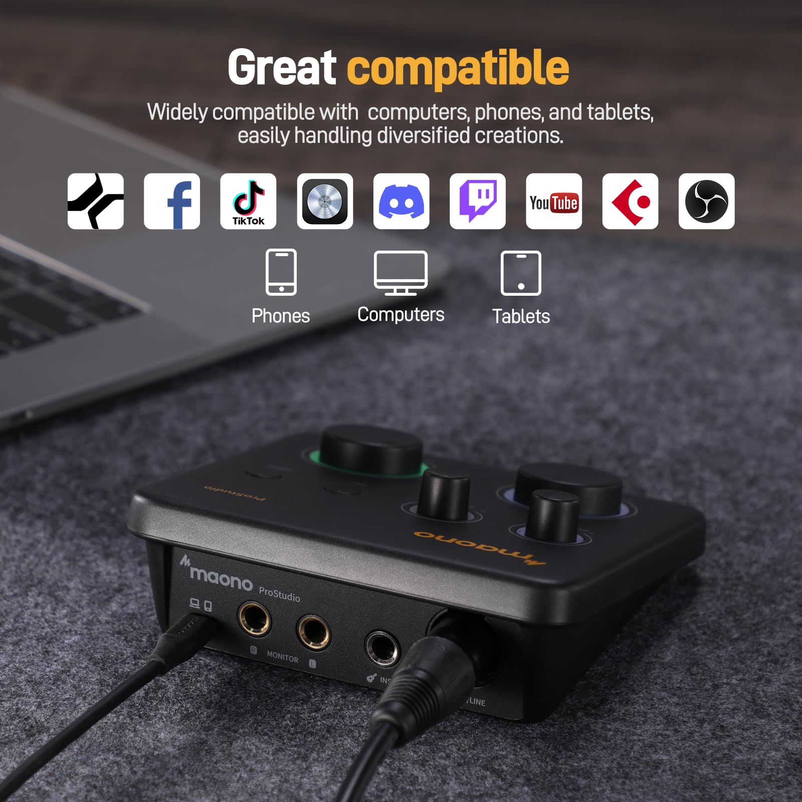 MAONO USB音频接口适用于PC：带XLR输入、24位/192kHz路由软件、LOOPBACK、ASIO驱动，适用于录音、家庭工作室、吉他、播客、直播、DAW（PS22 Lite 黑）