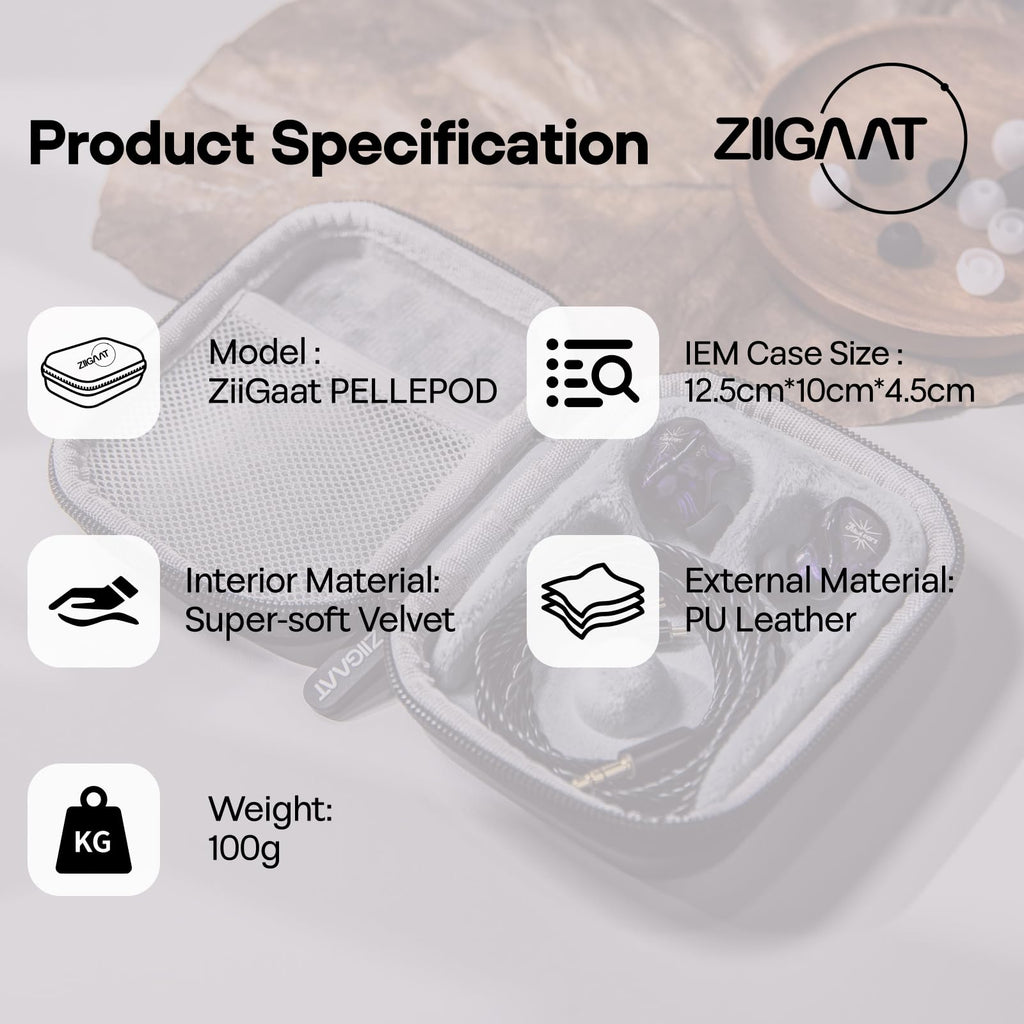 Light gray IEM earbud case diagram with velvet interior and PU leather exterior
