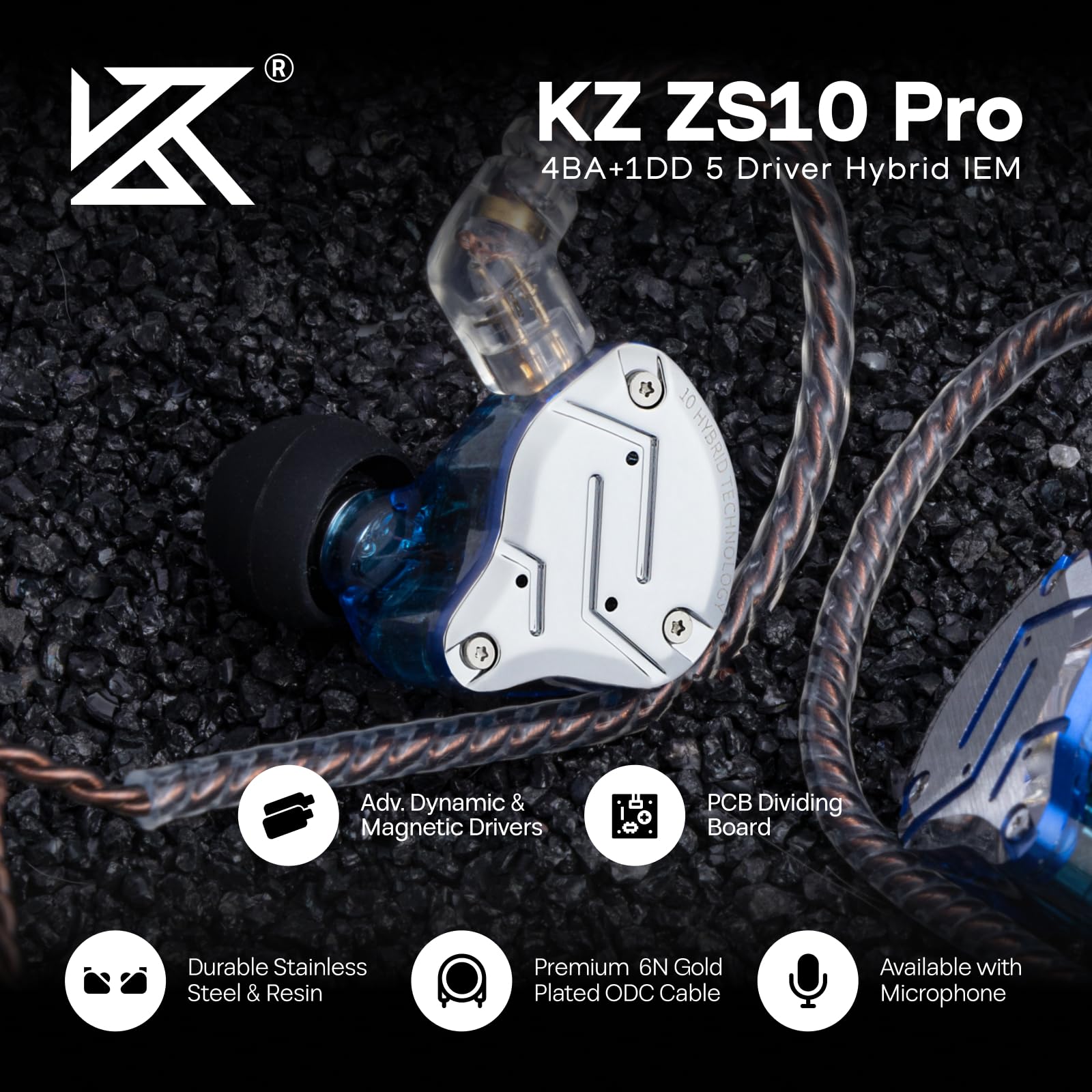 لينسول KZ ZS10 Pro، سماعات أذن داخلية مزودة بـ 4 محركات BA و1 محرك DD، سماعات سلكية هاي فاي، سماعات ألعاب، سماعات IEM هجينة مع لوحة وجه من الفولاذ المقاوم للصدأ، كابل قابل للفصل للموسيقيين (بدون ميكروفون، أسود)