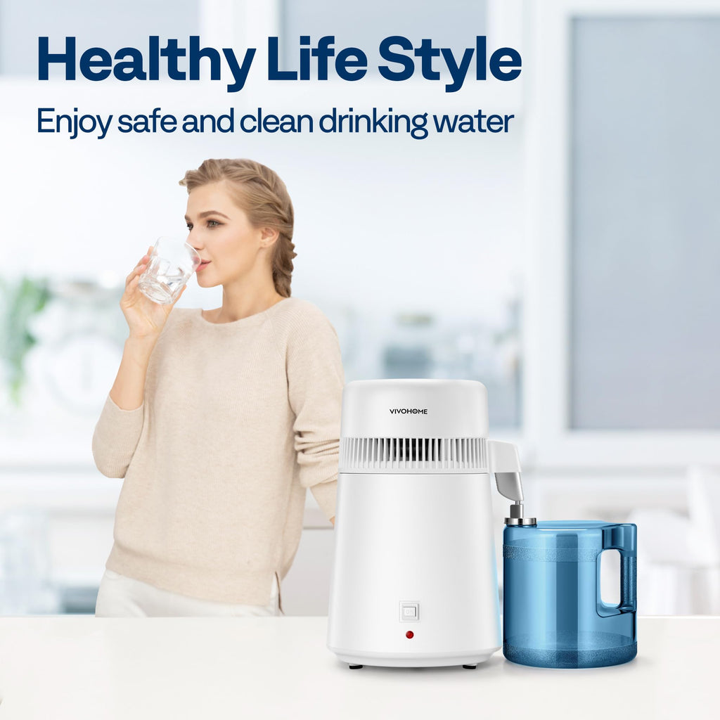 جهاز تقطير المياه VIVOHOME للطاولة بسعة 1.6 جالون/6 لتر، 900 واط، مع مفتاح ذكي وفلتر لتنقية المياه المقطرة للمنزل والمكتب، أبيض