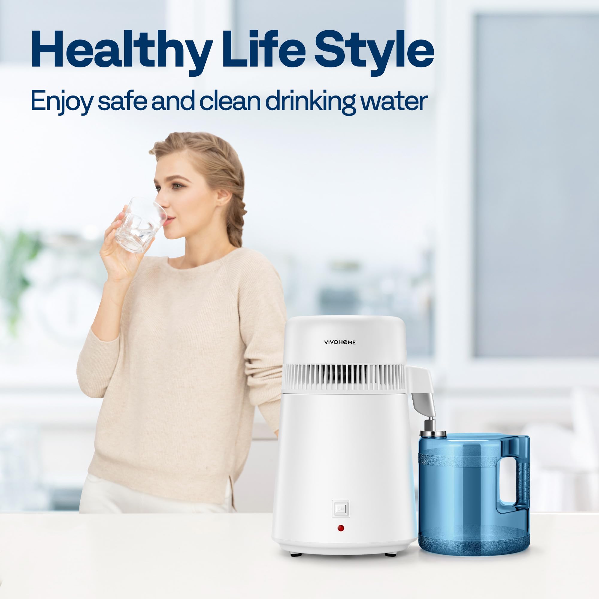 جهاز تقطير المياه VIVOHOME للطاولة بسعة 1.6 جالون/6 لتر، 900 واط، مع مفتاح ذكي وفلتر لتنقية المياه المقطرة للمنزل والمكتب، أبيض