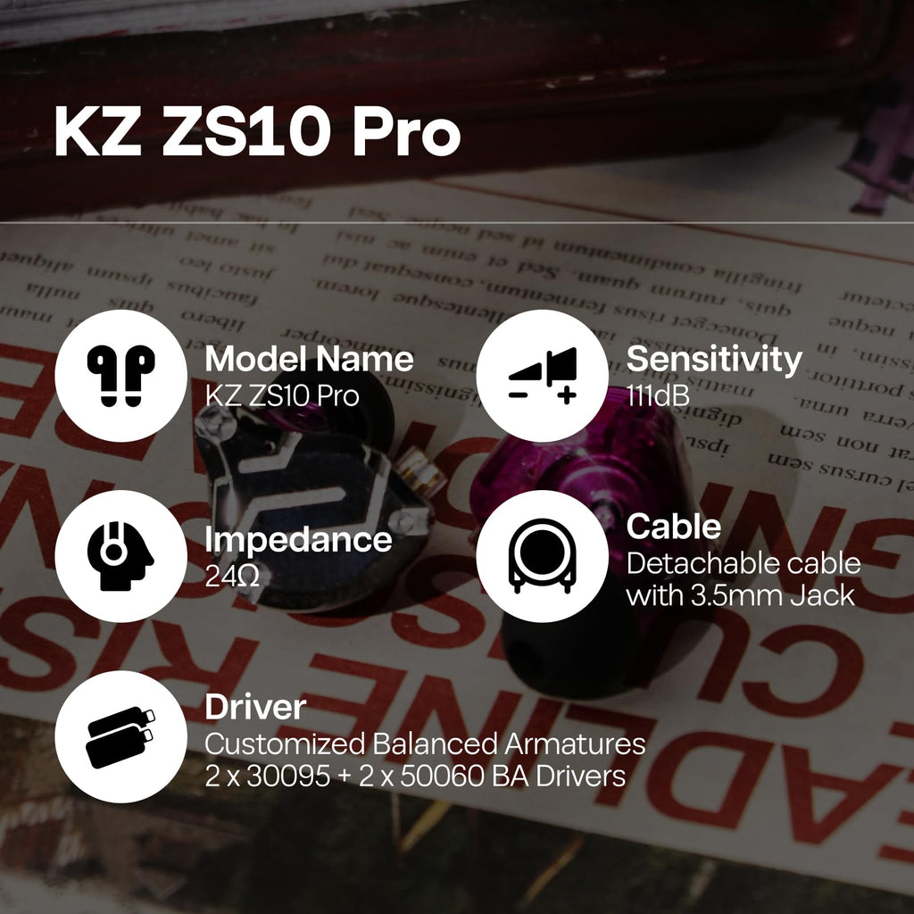 لينسول KZ ZS10 Pro، سماعات أذن داخلية مزودة بـ 4 محركات BA و1 محرك DD، سماعات سلكية هاي فاي، سماعات ألعاب، سماعات IEM هجينة مع لوحة وجه من الفولاذ المقاوم للصدأ، كابل قابل للفصل للموسيقيين (بدون ميكروفون، أسود)