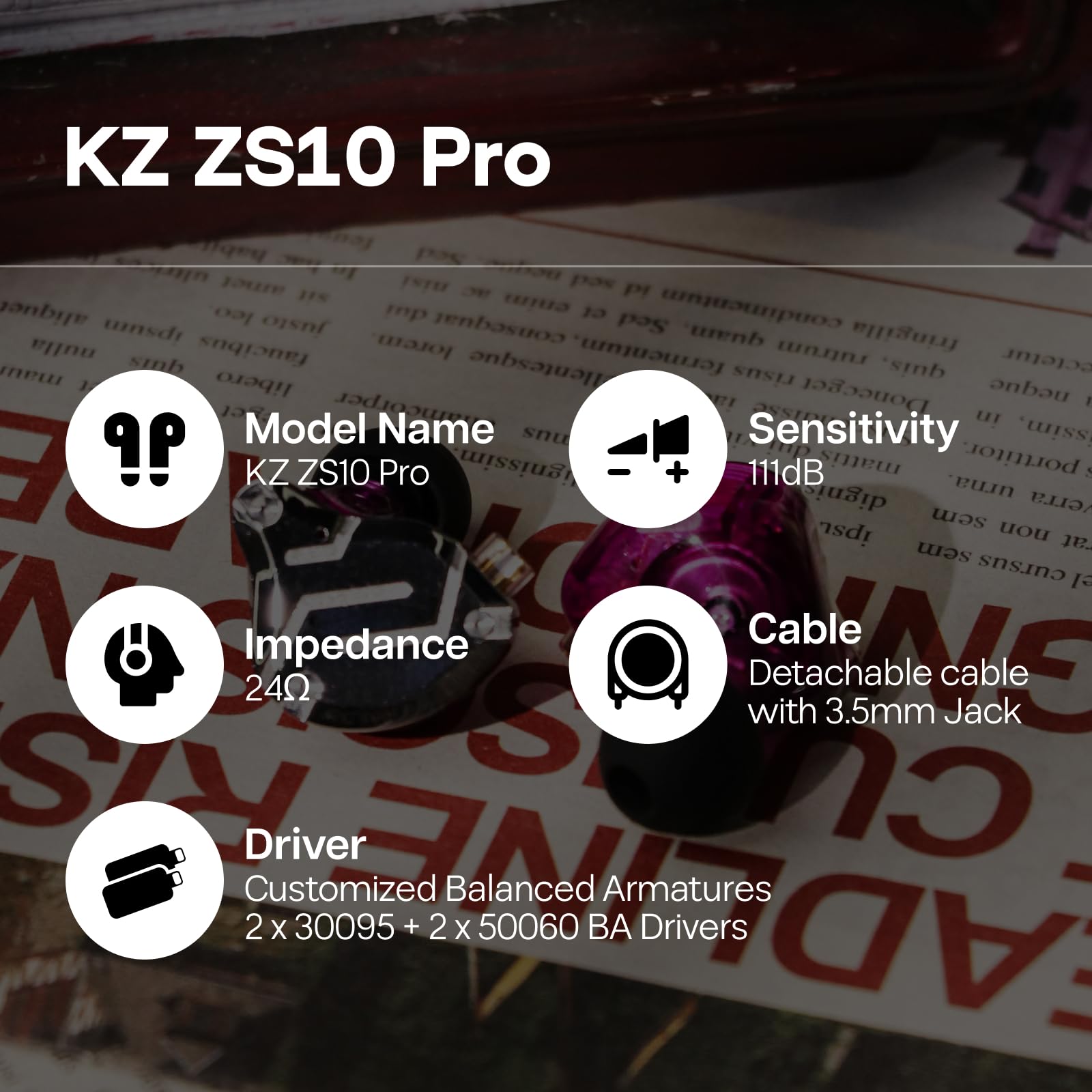 لينسول KZ ZS10 Pro، سماعات أذن داخلية مزودة بـ 4 محركات BA و1 محرك DD، سماعات سلكية هاي فاي، سماعات ألعاب، سماعات IEM هجينة مع لوحة وجه من الفولاذ المقاوم للصدأ، كابل قابل للفصل للموسيقيين (بدون ميكروفون، أسود)