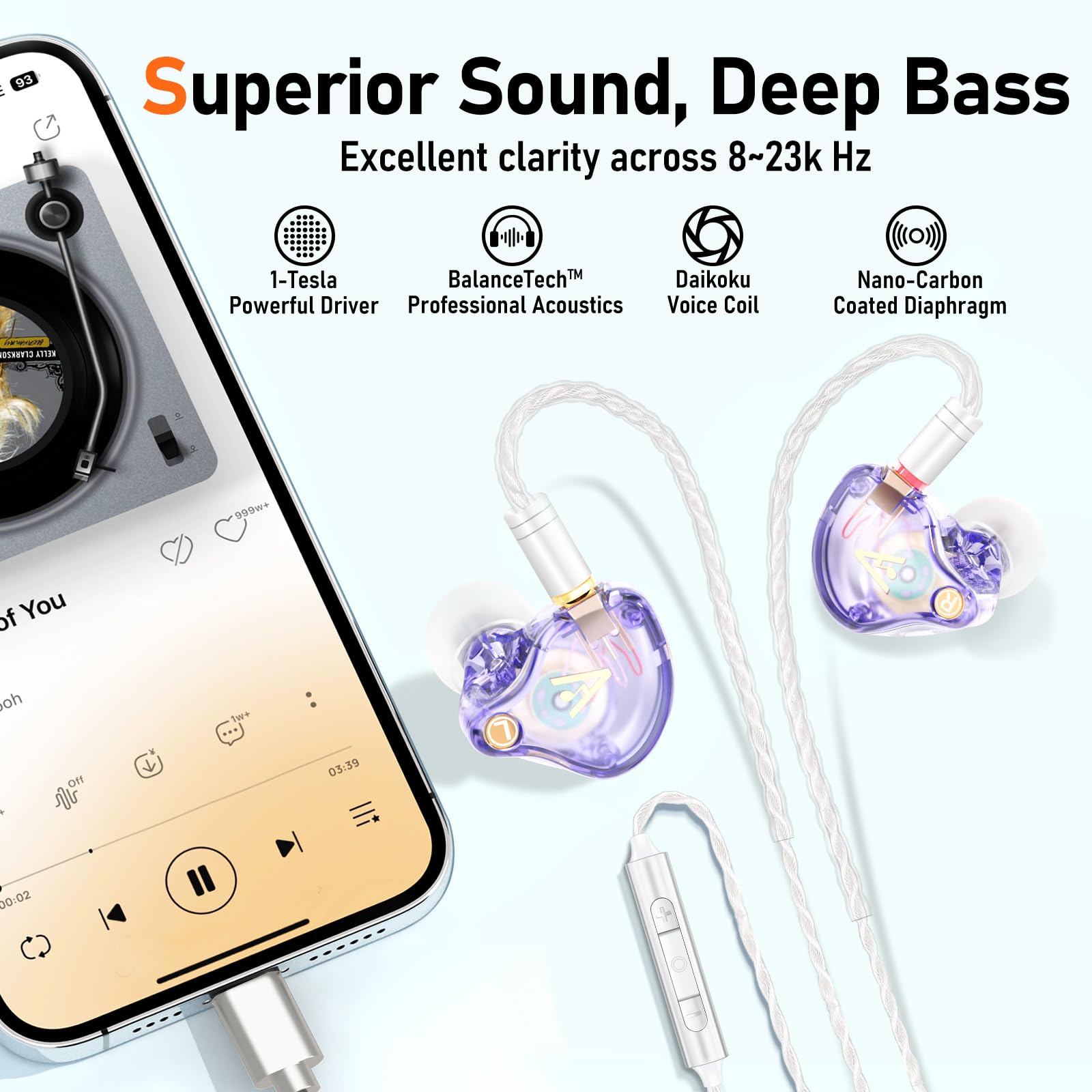 Vibes 202MC USB-C Wired Earbuds - USBC HiFi in Ear Headphones for iPhone 17/16/15 - Noise Isolating Ear Buds w/ Mic - Clear Sound, Deep Bass & Comfort-Fit Earphones - Silver Plated Cord, Carrying Case