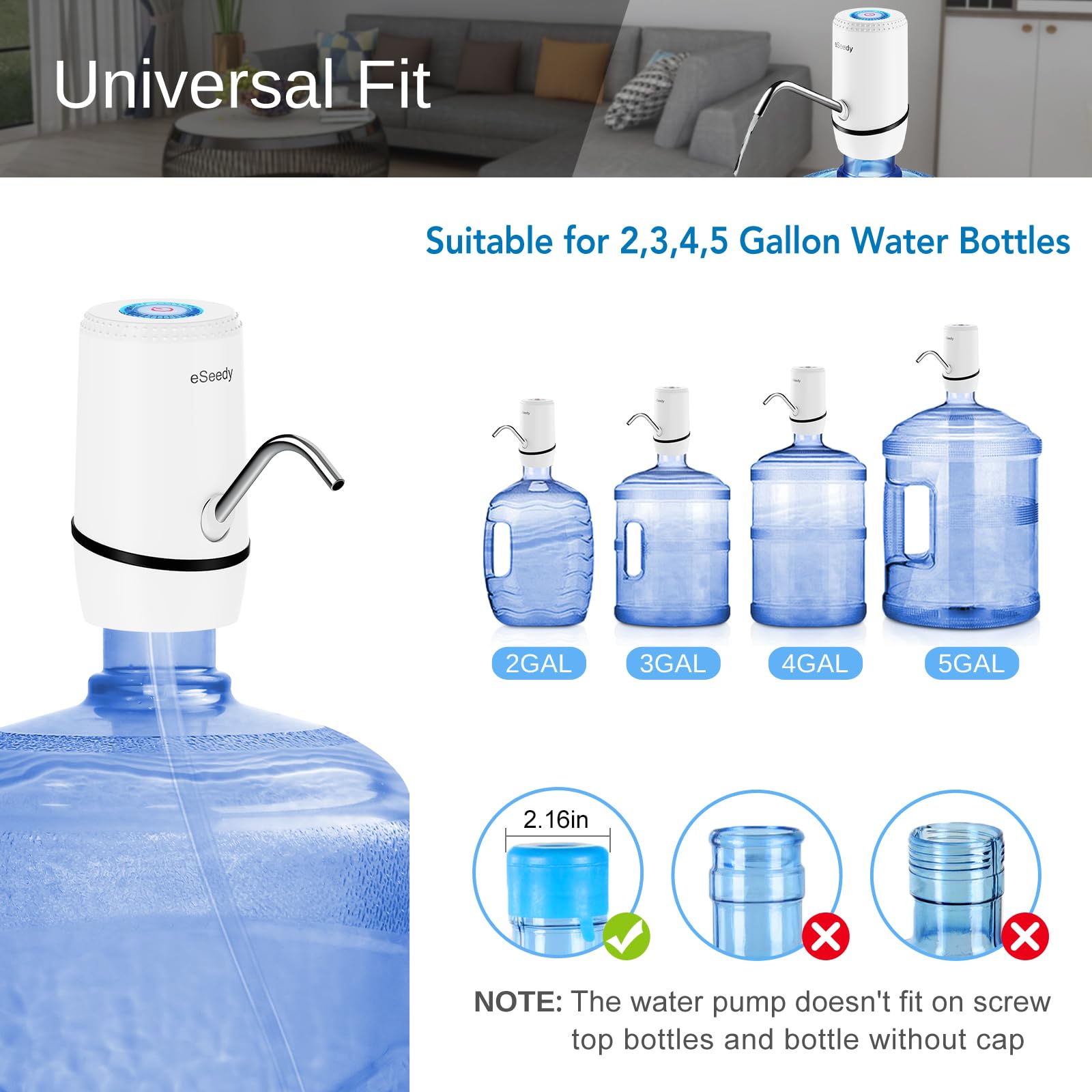 Portable water pump dispenser with spout and clear hose, shown on 2–5 gallon bottles