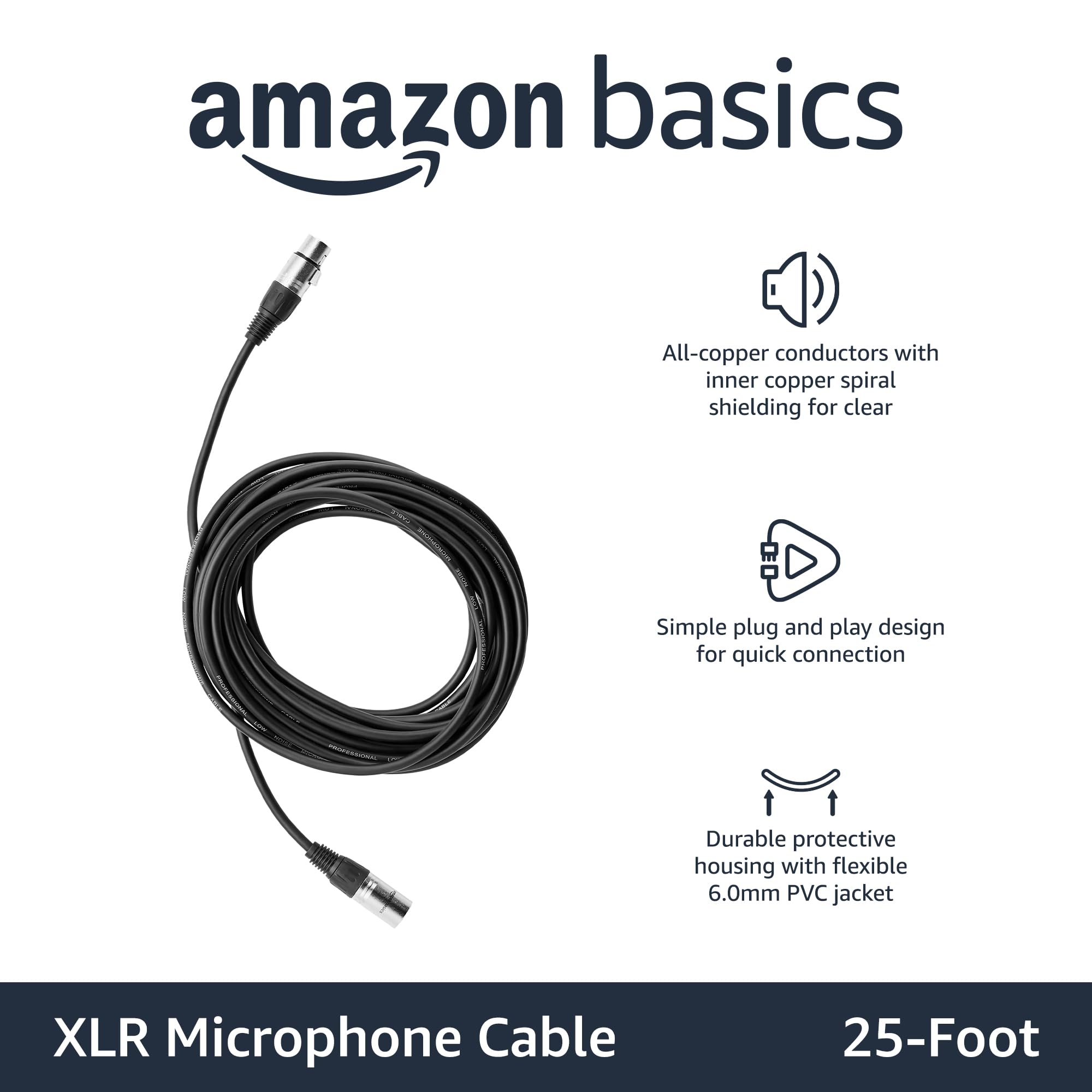 Amazon Basics XLR公对母麦克风电缆，适用于扬声器或公共广播系统、录音棚，全铜导体，低噪声屏蔽，6毫米PVC护套，6英尺，黑色