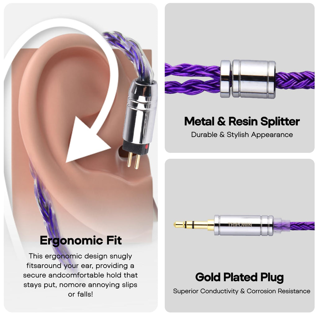 Linsoul Tripowin Zonie IEM Cable, 16 Core Silver Plated Earphone Upgraded Cords, 1.25m SPC in Ear Monitor Cable for 7hz Zero:2 Orchestra Lite Cadenza Hype4 Supermix4(2pin 0.78mm, 3.5mm)(Violet)