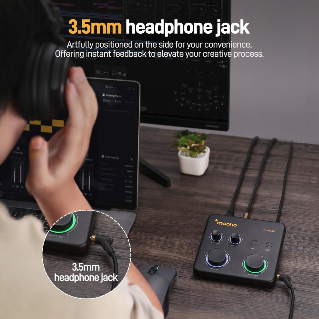 MAONO USB音频接口适用于PC：带XLR输入、24位/192kHz路由软件、LOOPBACK、ASIO驱动，适用于录音、家庭工作室、吉他、播客、直播、DAW（PS22 Lite 黑）