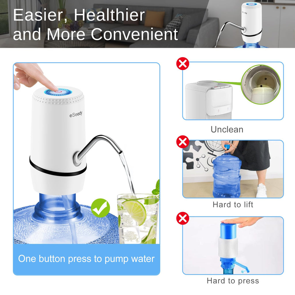 White one-button electric water pump dispenser with stainless spout and clear hose