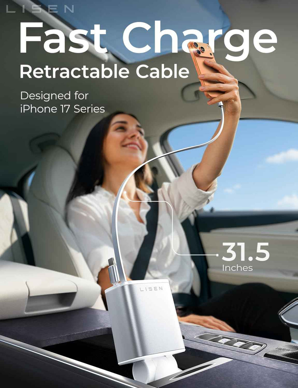 LISEN Retractable Car Charger, Gifts for Mothers Day 2026, 84W Car Charger USB C Fast Charge, Gifts for Mom Dad Him Her, Travel Essentials Car Accessories for Men Women Gifts for iPhone 17 16 15 14 13