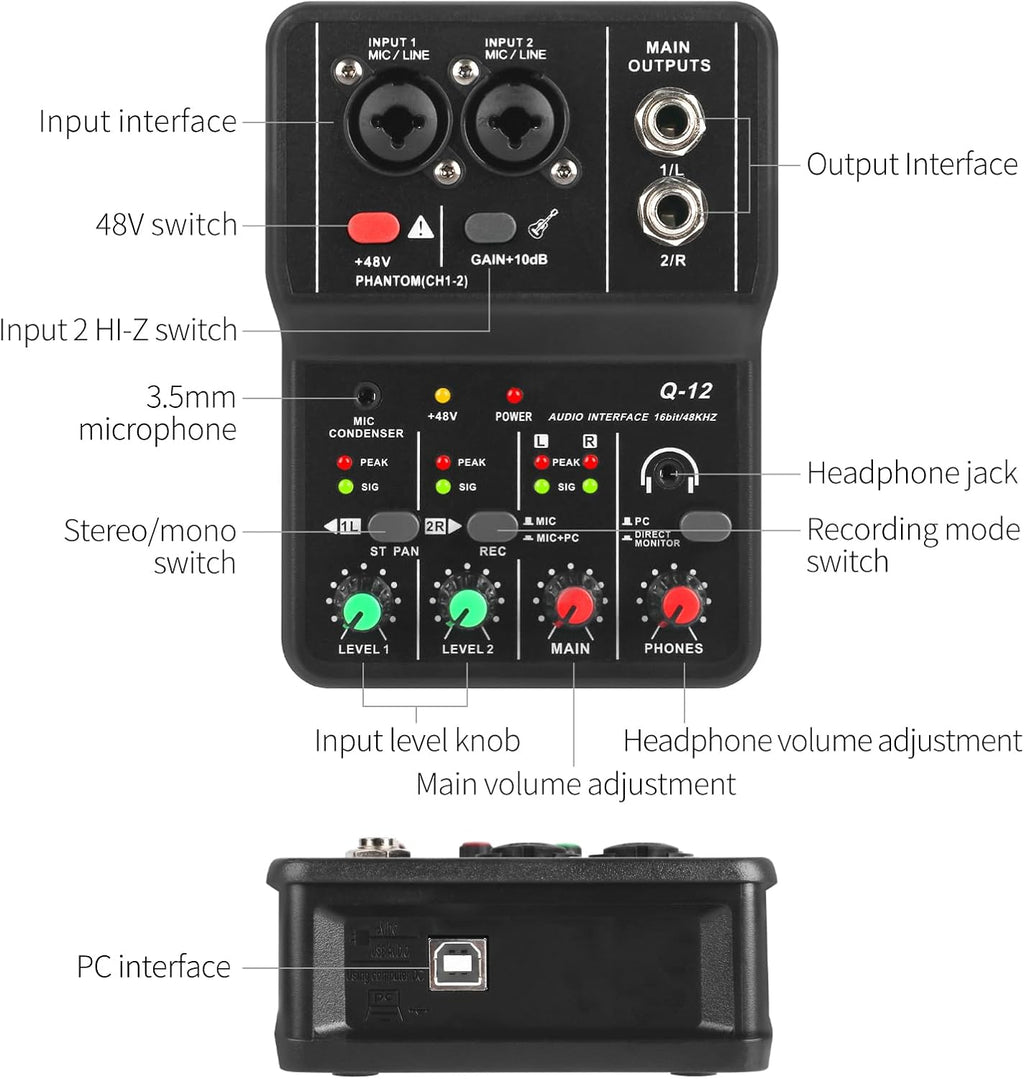XTUGA USB Audio Interface for PC,Interface for Recording Music Computer Recording Audio Interface XLR with 3.55m Microphone Jack, USB Sound Card for Recording Studio, Ultra-low Latency Plug&Play, Q-12