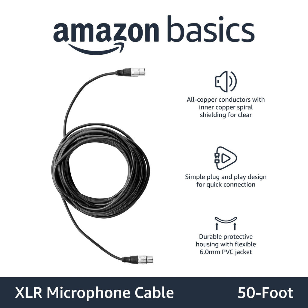 Amazon Basics XLR公对母麦克风电缆，适用于扬声器或公共广播系统、录音棚，全铜导体，低噪声屏蔽，6毫米PVC护套，6英尺，黑色