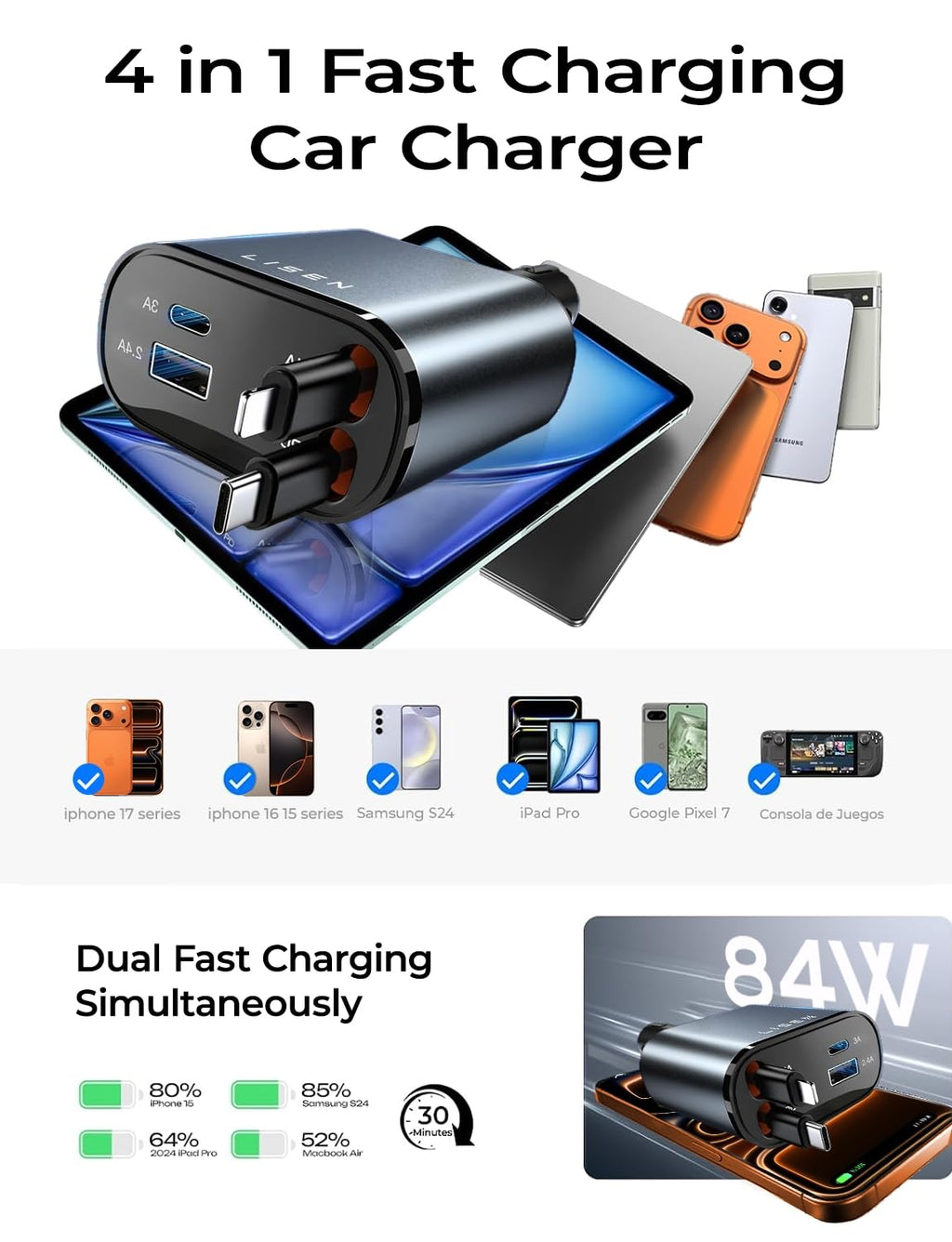 LISEN einziehbares Auto-Ladegerät, Geschenke zum Muttertag 2026, 84W Auto-Ladegerät USB C Schnellladung, Geschenke für Mama Papa Ihn Sie, Reiseutensilien Autozubehör für Männer Frauen Geschenke für iPhone 17 16 15 14 13