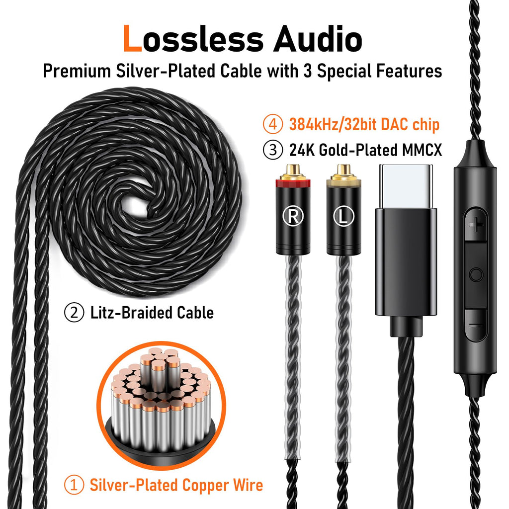 Vibes 202MC USB-C Wired Earbuds - USBC HiFi in Ear Headphones for iPhone 17/16/15 - Noise Isolating Ear Buds w/ Mic - Clear Sound, Deep Bass & Comfort-Fit Earphones - Silver Plated Cord, Carrying Case