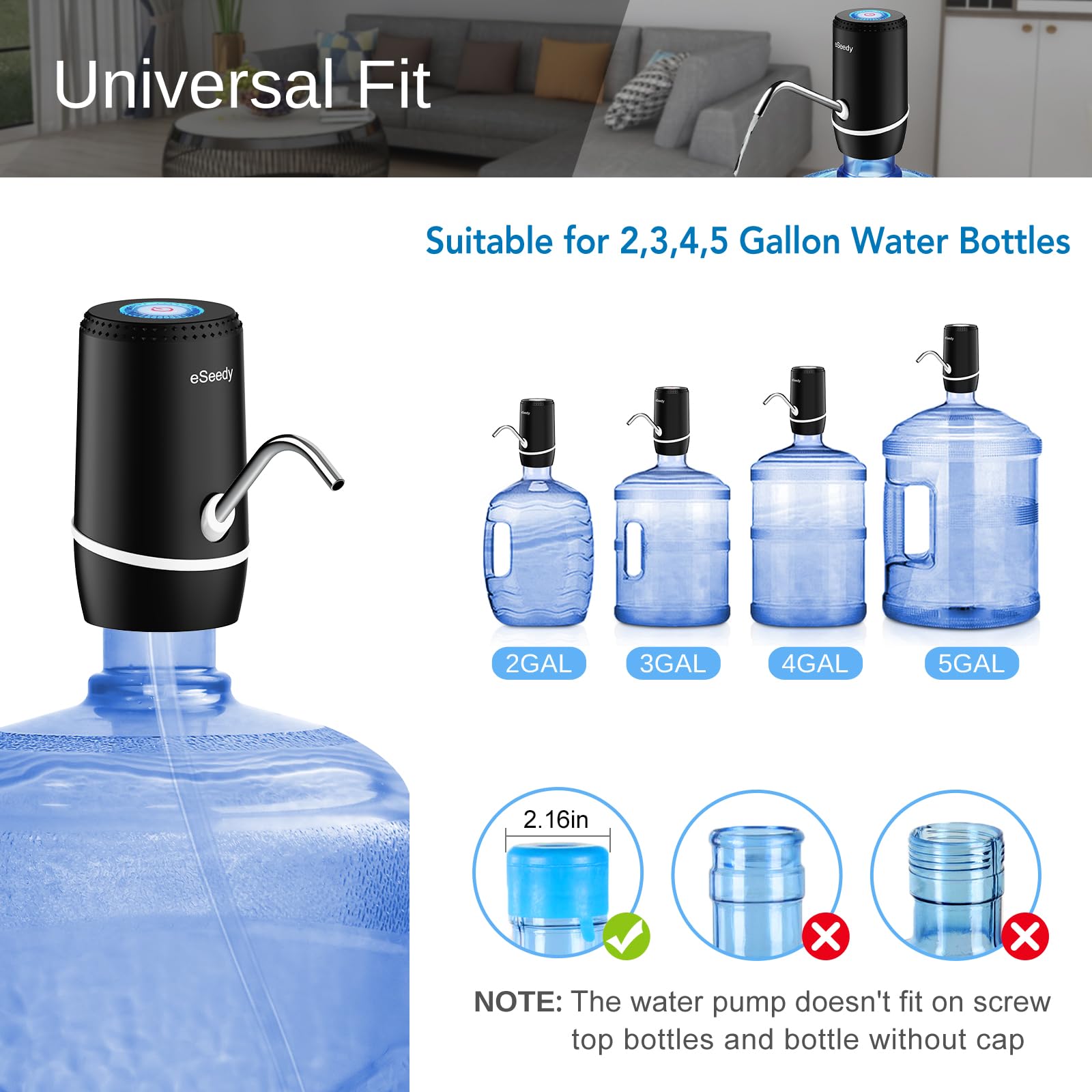 Black water pump dispenser with stainless spout and clear hose for 2–5 gallon bottles