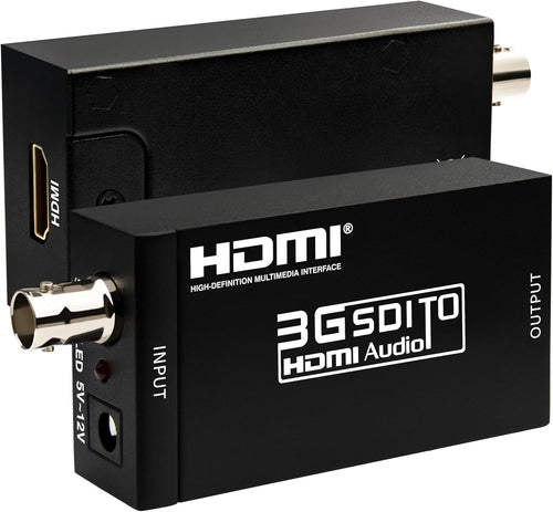 Black 3G SDI to HDMI audio converter box with HDMI output and SDI input ports