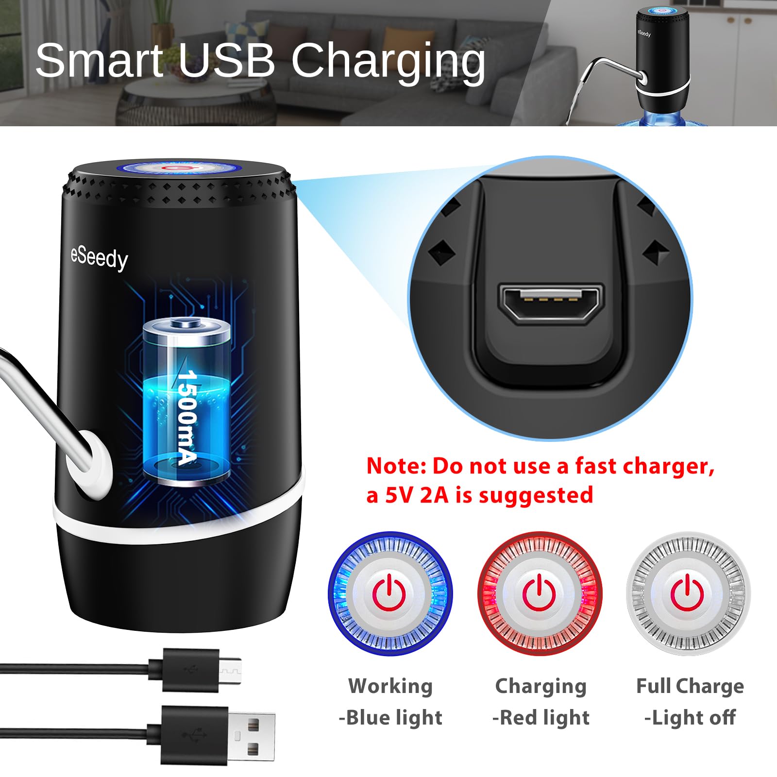 Black USB-rechargeable water pump with charging port, indicator lights, and USB cable