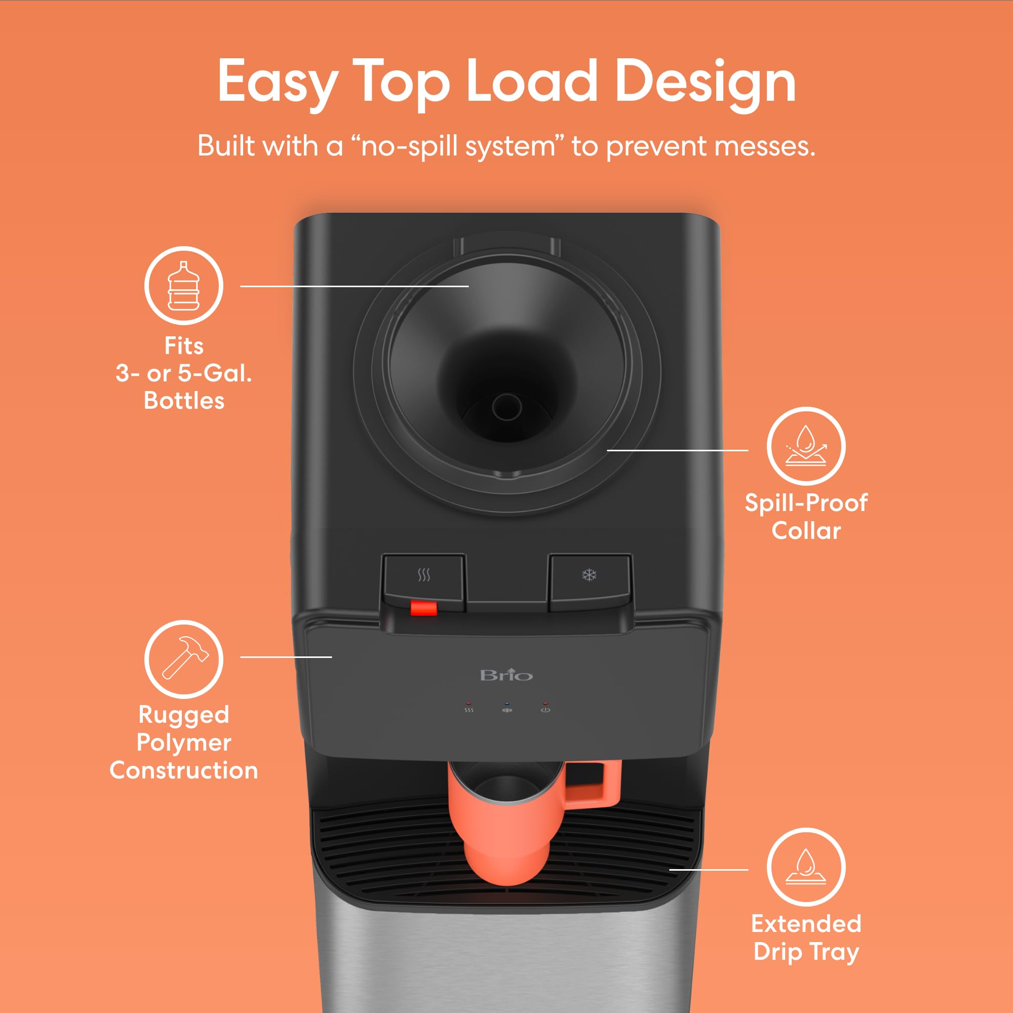 Brio 130 Series Top-Load Water Cooler Dispenser for 3- and 5-Gallon Bottles, Hot & Cold, Spill-Free Loading, Child Safety Lock, Energy Star 3.0, Black