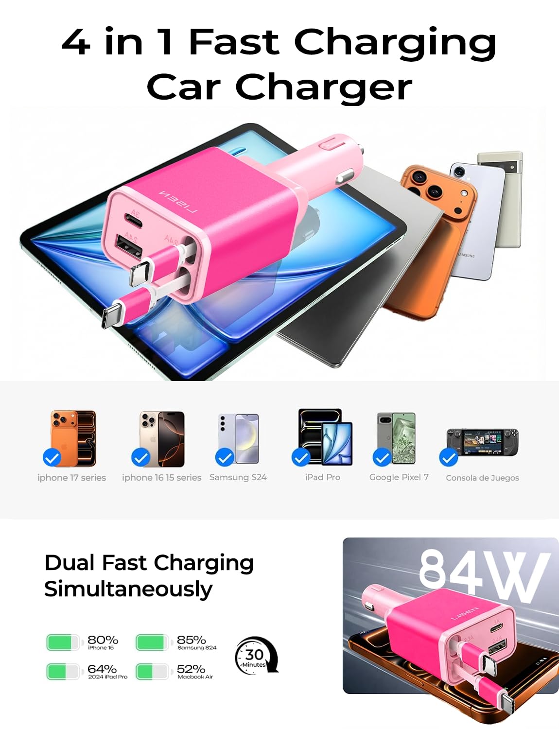 LISEN einziehbares Auto-Ladegerät, Geschenke zum Muttertag 2026, 84W Auto-Ladegerät USB C Schnellladung, Geschenke für Mama Papa Ihn Sie, Reiseutensilien Autozubehör für Männer Frauen Geschenke für iPhone 17 16 15 14 13