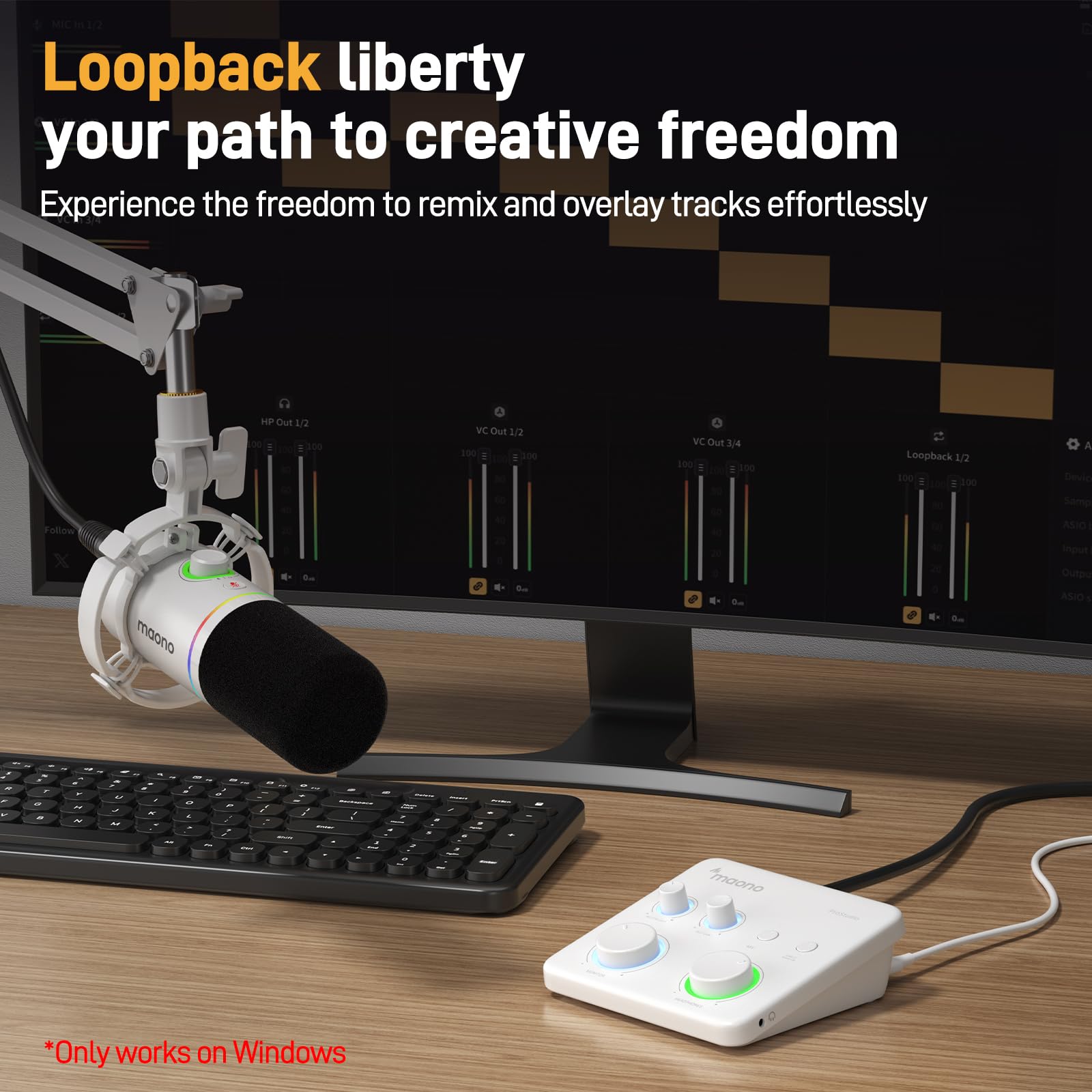MAONO USB音频接口适用于PC：带XLR输入、24位/192kHz路由软件、LOOPBACK、ASIO驱动，适用于录音、家庭工作室、吉他、播客、直播、DAW（PS22 Lite 黑）