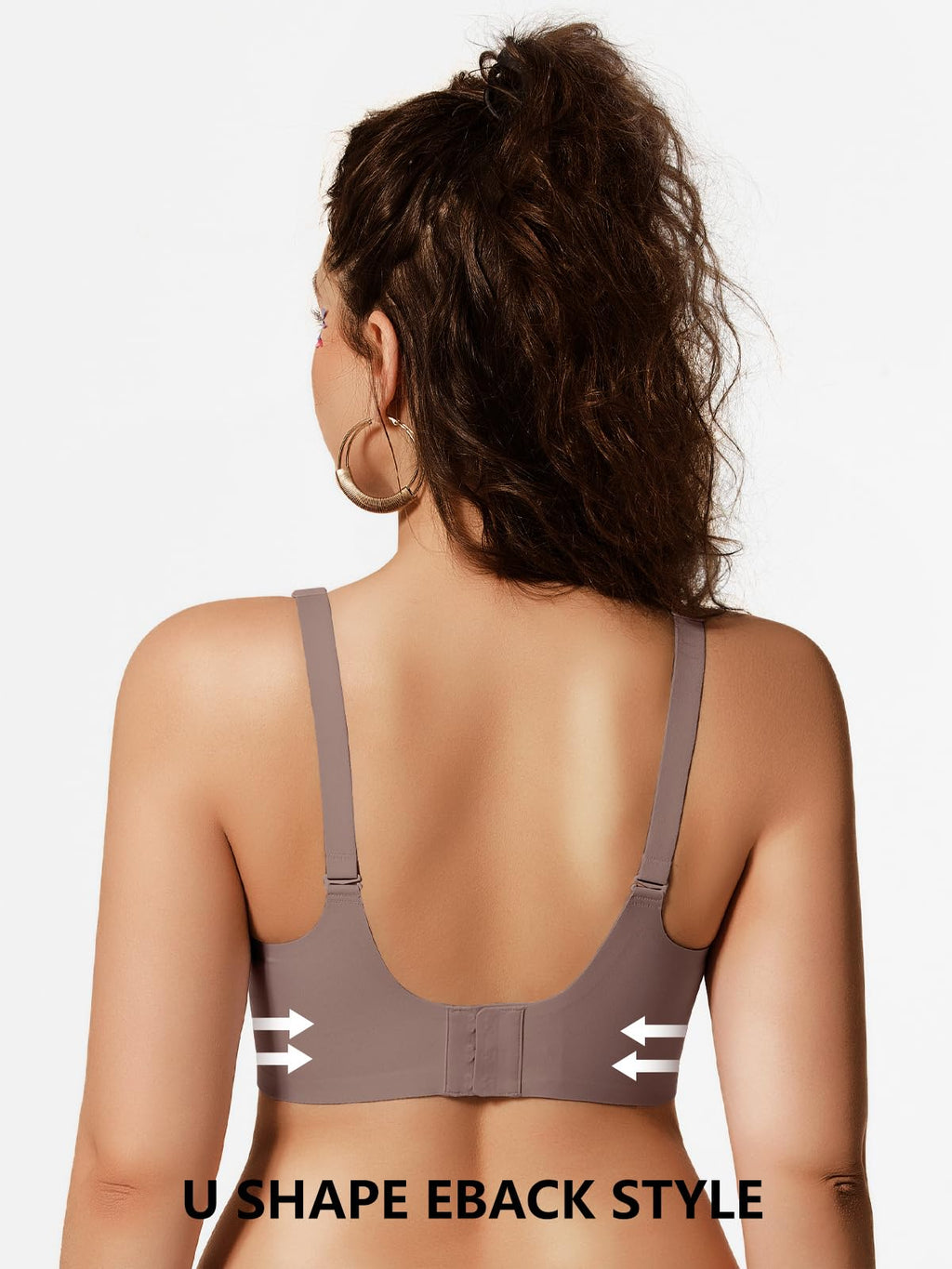 Wireless bralette back view in taupe/grey with adjustable straps and U-shaped back
