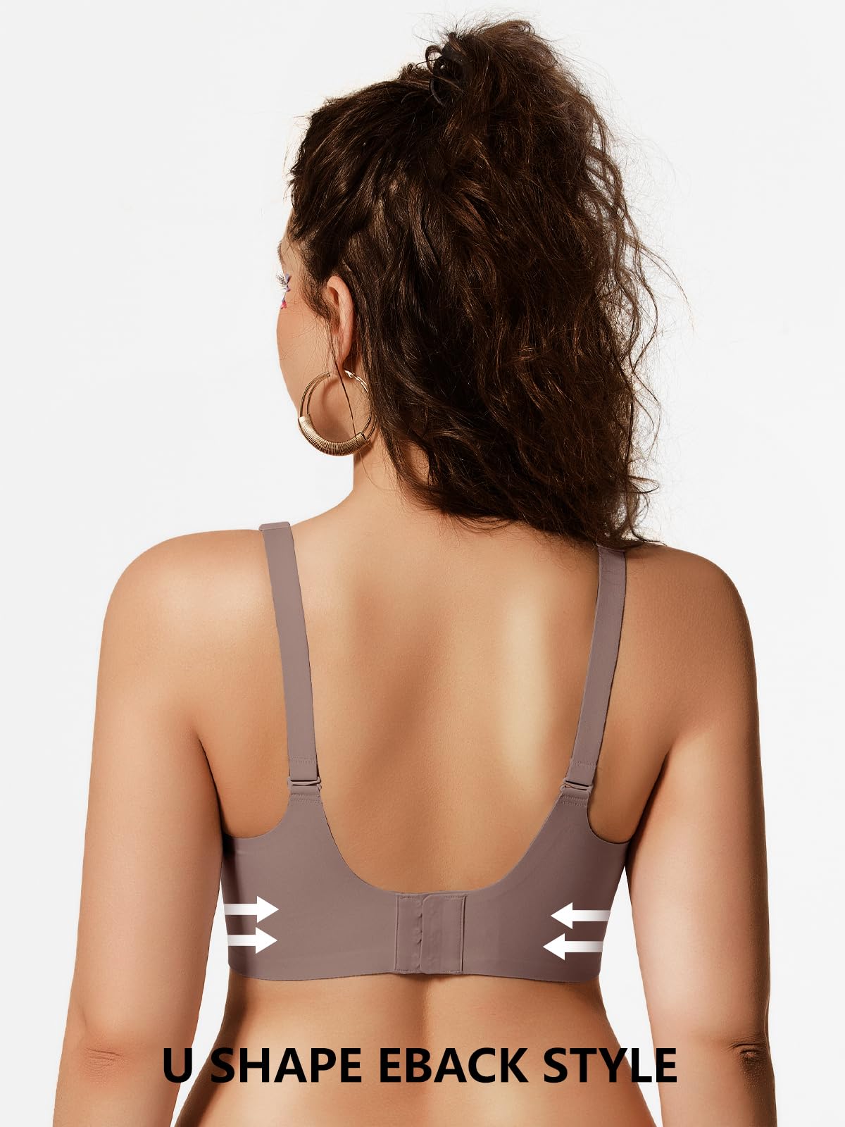Back view of wireless bralette in gray with adjustable straps and reinforced center back
