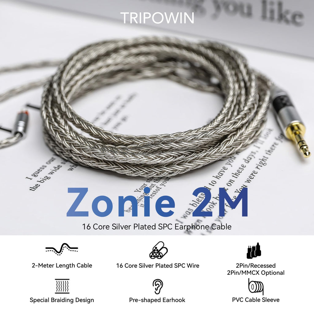 Linsoul Tripowin Zonie IEM Cable, 2m Long Earbud Cord, 16 Core Silver Plated Earphone Cable, in Ear Monitor Wire for Audiophile Musician (2Pin)