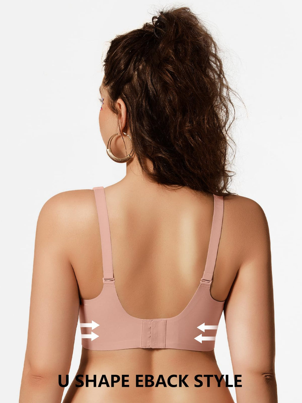Back view of wireless bralette in pink with adjustable straps and reinforced center back