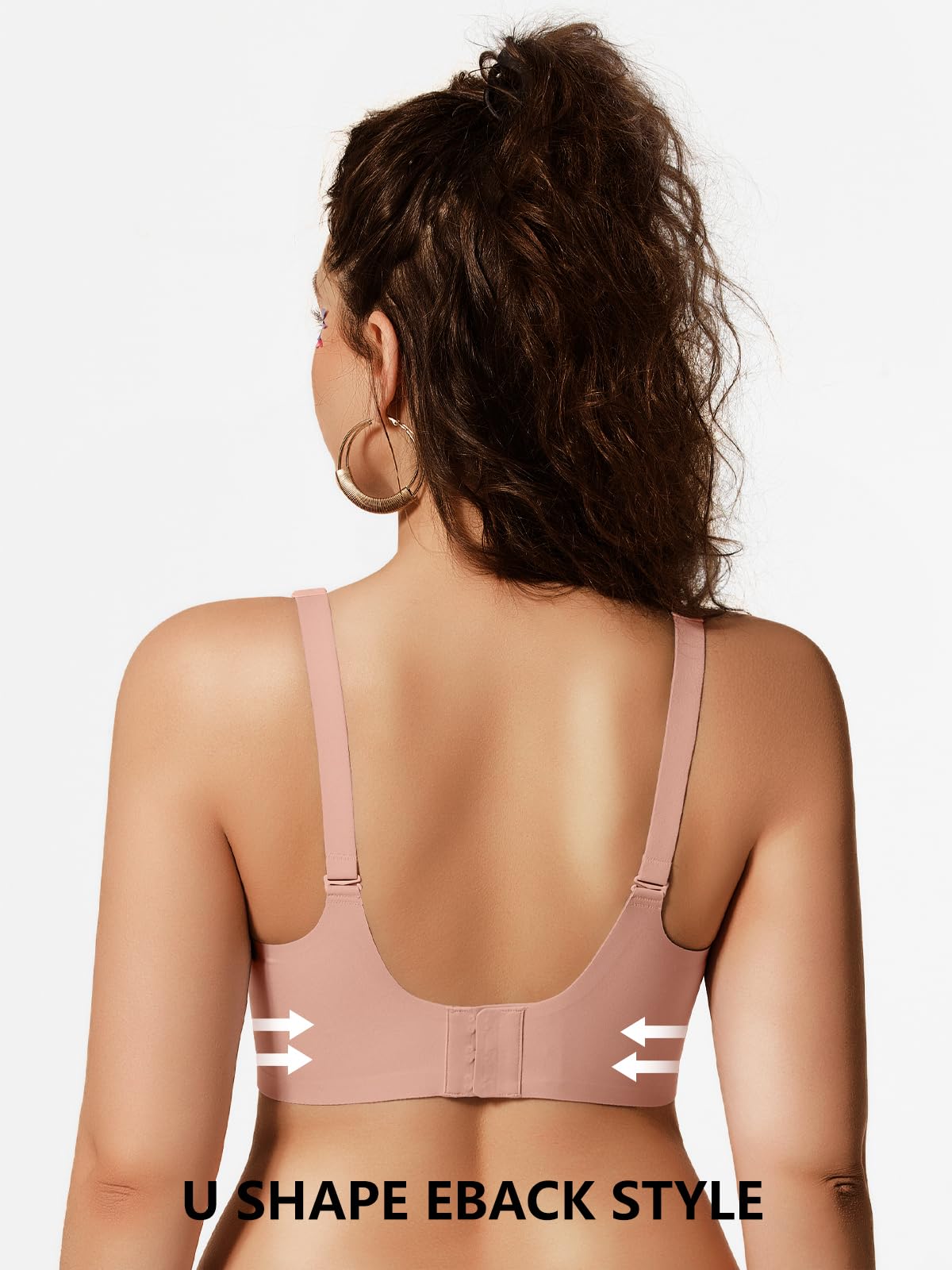 Back view of wireless bralette in pink with adjustable straps and reinforced center back