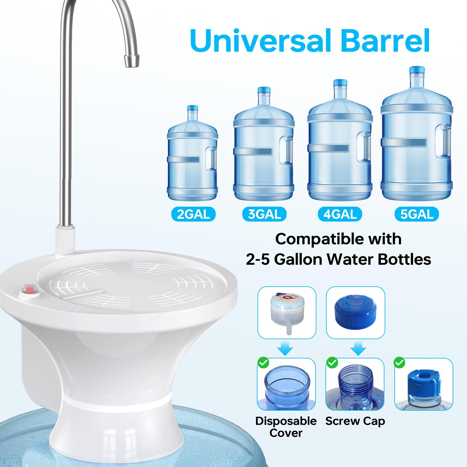Water Dispenser for 5 Gallon Bottle, Electric Drinking Water Bottle Pump for 2-5 Gallon Jugs, USB Rechargeable Water Pump with 2 Switch Control for Home, Office, Camping