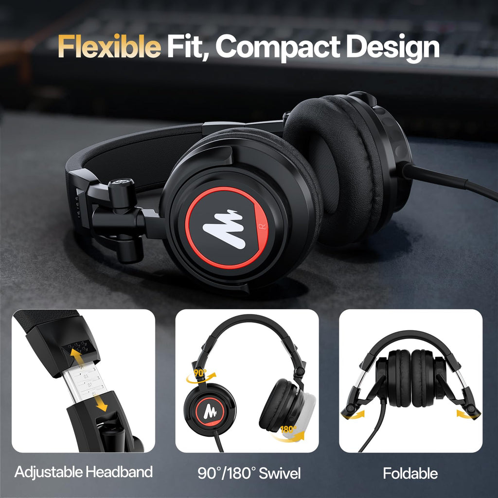 MAONO MH601 Professional Studio Monitor Headphones, Wired Closed Back Over Ear DJ Headset with 50mm Drivers and 1/4 inch to 3.5mm Jack for Guitar Amp Recording Mixing Piano Music Podcast Streaming