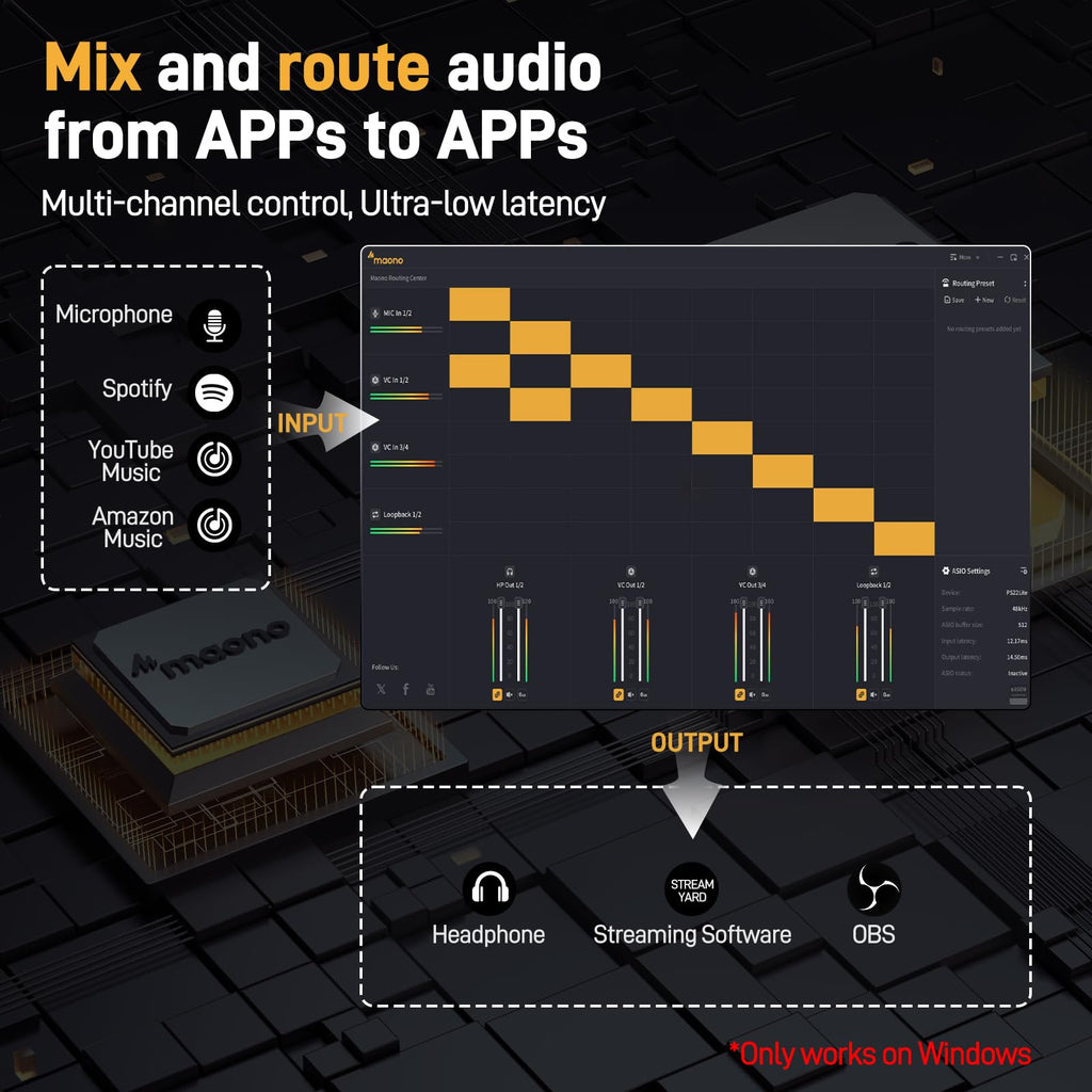 MAONO USB音频接口适用于PC：带XLR输入、24位/192kHz路由软件、LOOPBACK、ASIO驱动，适用于录音、家庭工作室、吉他、播客、直播、DAW（PS22 Lite 黑）
