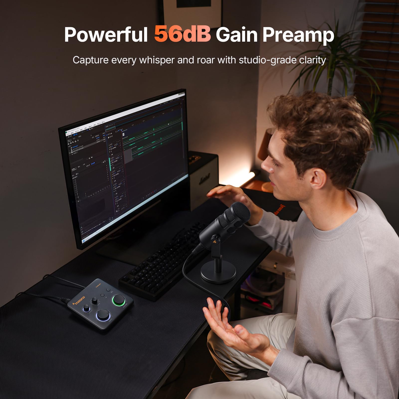 MAONO USB音频接口适用于PC：带XLR输入、24位/192kHz路由软件、LOOPBACK、ASIO驱动，适用于录音、家庭工作室、吉他、播客、直播、DAW（PS22 Lite 黑）