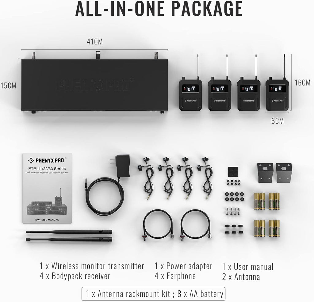 Phenyx Pro Quad-Channel Wireless in Ear Monitor System, Mono IEM System w/ 4 Bodypacks, 4x25 UHF Frequencies, Rack Mount, 164 ft Range, Wireless in Ear Monitor for Bands/Studio (PTM-33-4B)