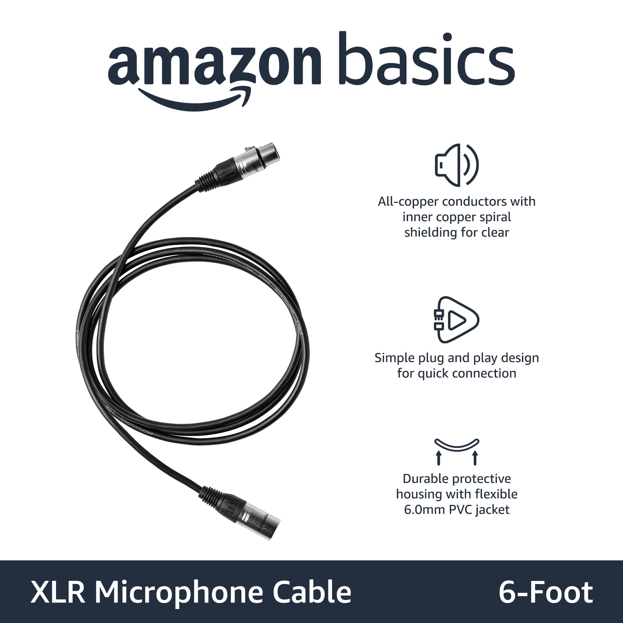 Amazon Basics XLR公对母麦克风电缆，适用于扬声器或公共广播系统、录音棚，全铜导体，低噪声屏蔽，6毫米PVC护套，6英尺，黑色