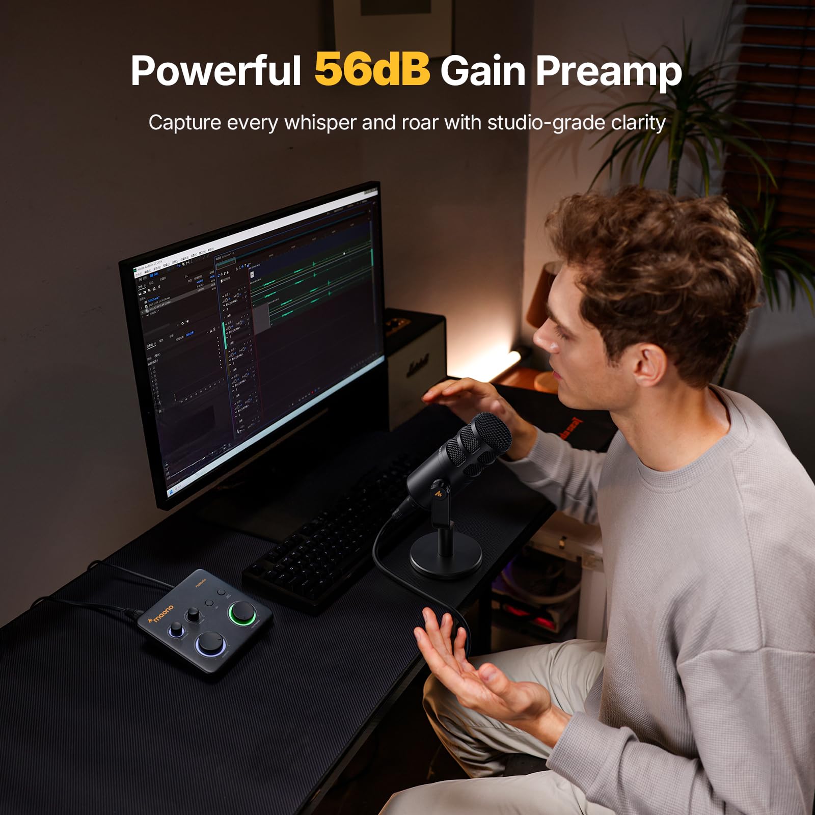 MAONO USB音频接口适用于PC：带XLR输入、24位/192kHz路由软件、LOOPBACK、ASIO驱动，适用于录音、家庭工作室、吉他、播客、直播、DAW（PS22 Lite 黑）