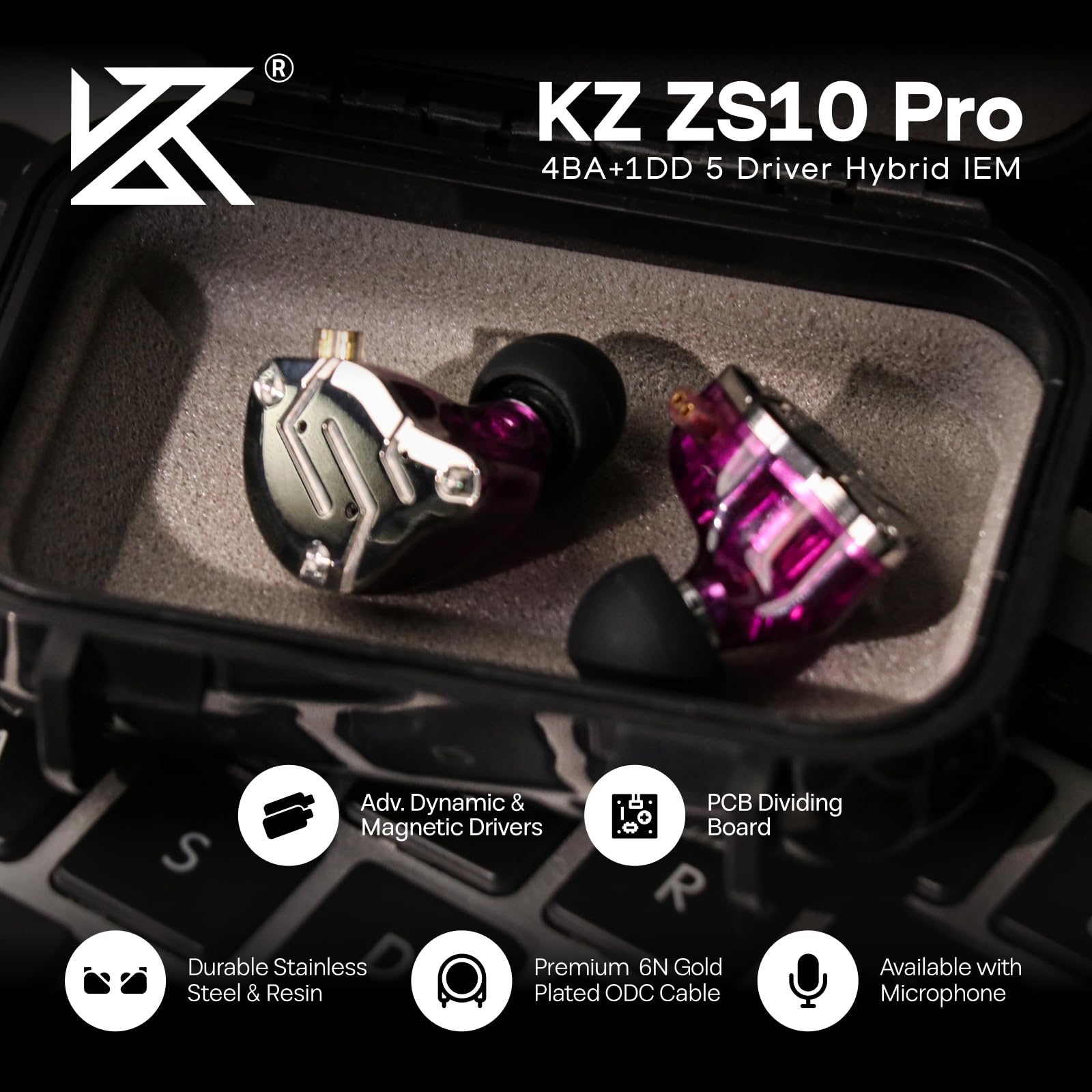 لينسول KZ ZS10 Pro، سماعات أذن داخلية مزودة بـ 4 محركات BA و1 محرك DD، سماعات سلكية هاي فاي، سماعات ألعاب، سماعات IEM هجينة مع لوحة وجه من الفولاذ المقاوم للصدأ، كابل قابل للفصل للموسيقيين (بدون ميكروفون، أسود)