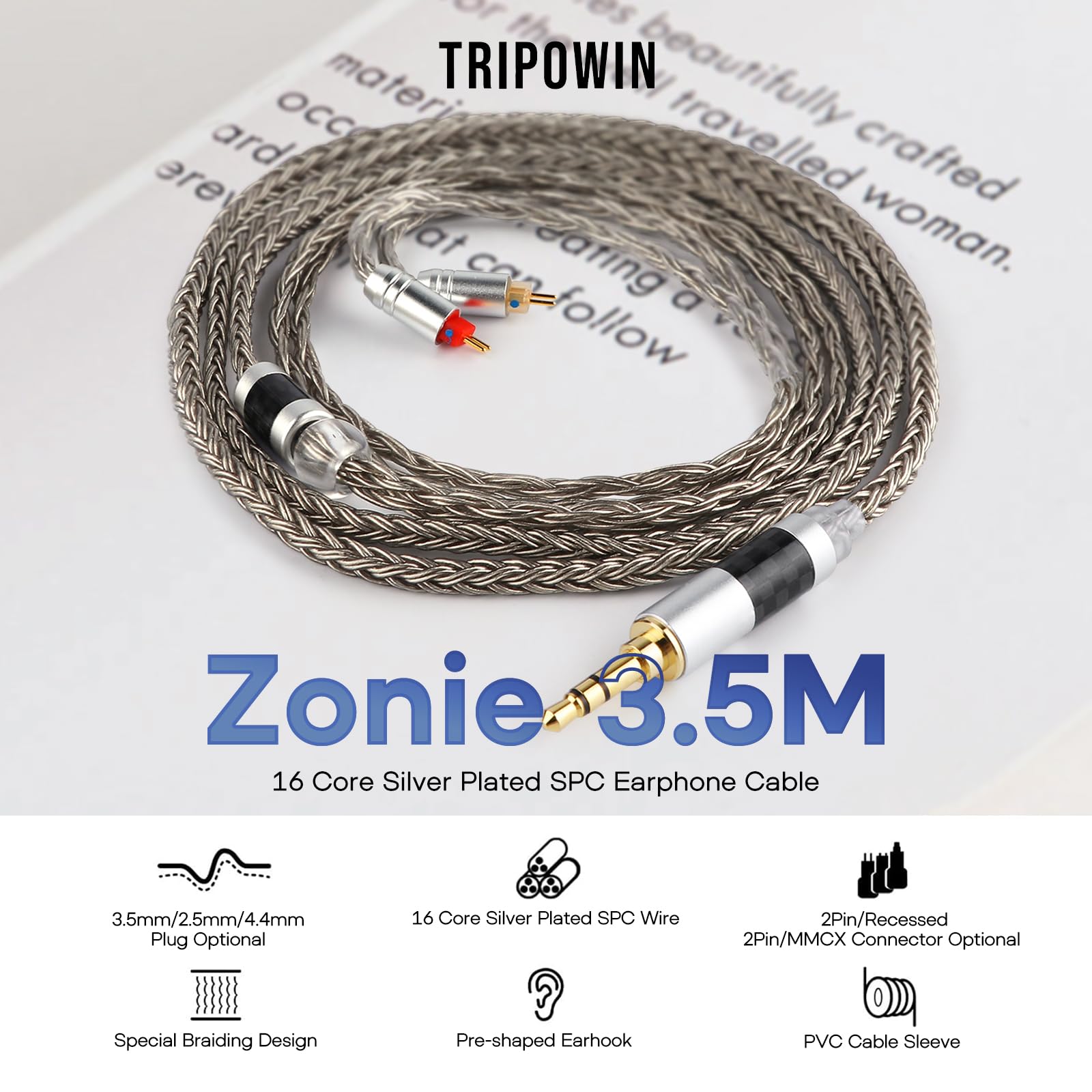 Linsoul Tripowin Zonie IEM Cable, 16 Core Silver Plated Earphone Upgraded Cords, 1.25m SPC in Ear Monitor Cable for 7hz Zero:2 Orchestra Lite Cadenza Hype4 Supermix4(2pin 0.78mm, 3.5mm)(Violet)